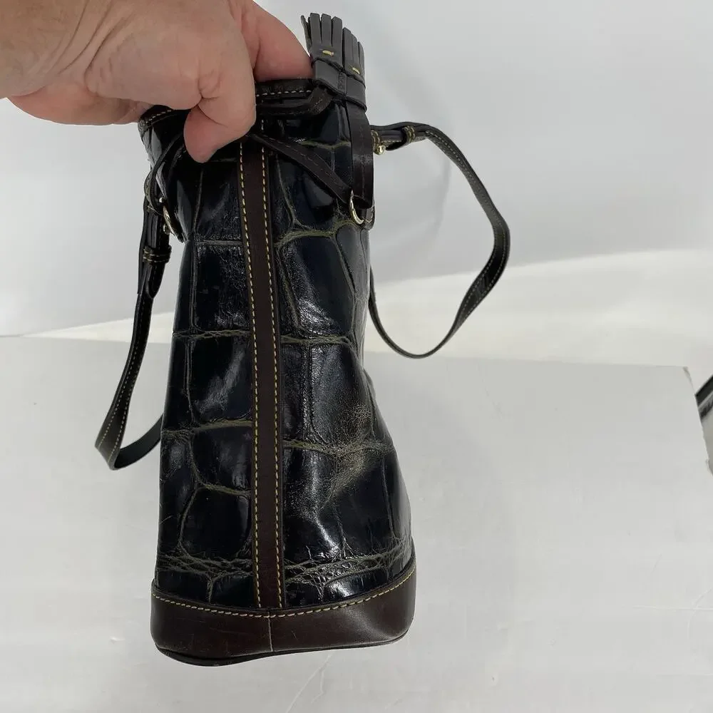Dooney & Bourke Croco Embossed Leather Tassel Shoulder Tote Bag Brown